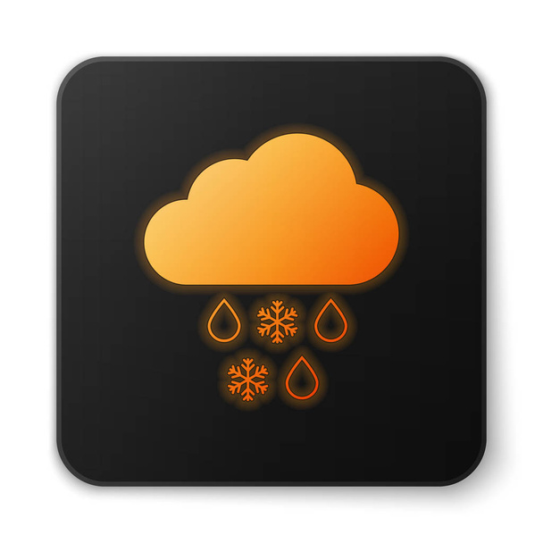 雪と雨のアイコンとオレンジ色の輝く雲は、白い背景に隔離されています。天気アイコン。黒い正方形のボタン。ベクトルイラストレーション - ベクター画像