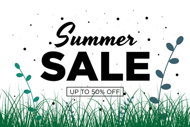 Summer sale offer promotion banner with flowers and grass. Special discounts mockup. Promotion magazine advertising web site poster. Vector greeting illustration template - Vector, Image