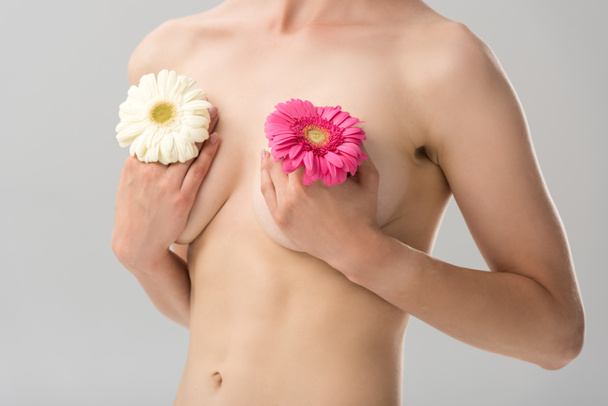 partial view of naked young woman with flowers isolated on grey - Foto, Imagem