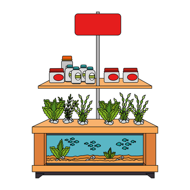 Полки ветеринарного магазина с аквариумами и продуктами
 - Вектор,изображение
