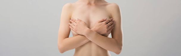 plano panorámico de mujer desnuda cubriendo pecho aislado en gris
 - Foto, Imagen