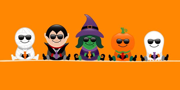 Banner Halloween Mummy Vampire Witch Pumpkin And Ghost Sunglasses Orange - Vector, Image