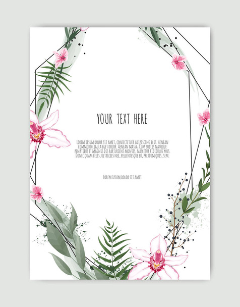Векторна квіткова картка дизайну. Привітання, листівка на весілля запрошують шаблон. Елегантна рамка з трояндою та анемоною
 - Вектор, зображення