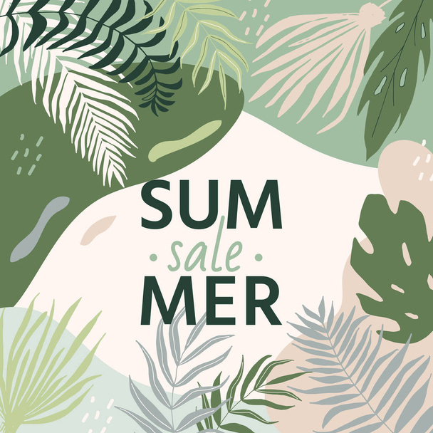 Sale banner with tropical leaves, poster with palm tree, jungle  - Vektor, Bild