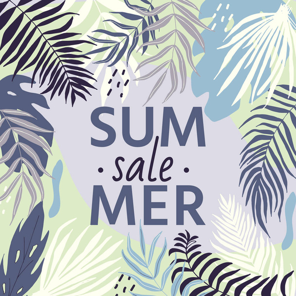 Sale banner with tropical leaves, poster with palm tree, jungle  - Vecteur, image