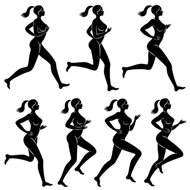 Collection. Silhouette of slender lady. The girl is running. The woman goes in for sports, strengthens health. Vector illustration set - Vector, Image