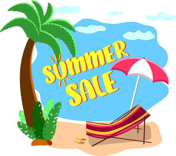 Summer sale vector banner design for promotion with colorful beach elements. Vector illustration. Summer Sale on new arrivals with umbrella, palm, and beach background. - Vektor, Bild