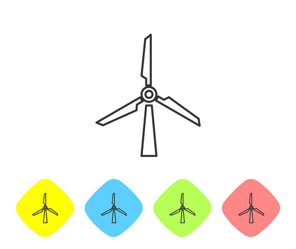 白い背景に隔離された灰色の風力タービンラインアイコン。風力発電機の標識。風車のシルエット。電力生産用風車。色のロンバスボタンにアイコンを設定します。ベクトルイラストレーション - ベクター画像