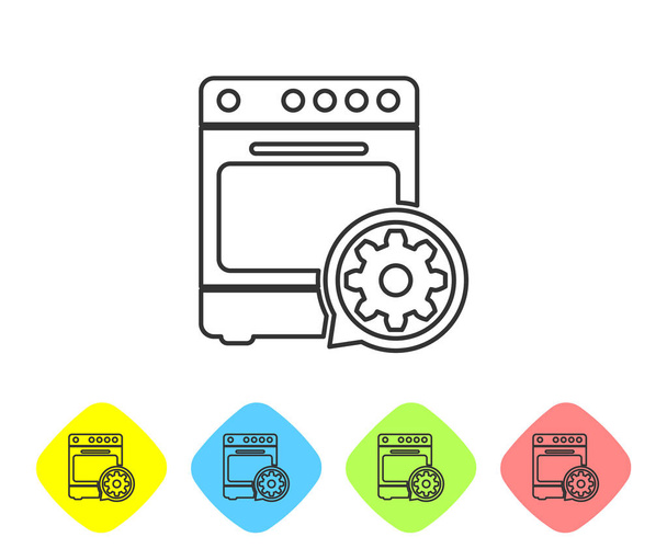 Grey Oven and gear line icon on white background. Adjusting app, service concept, setting options, maintenance, repair, fixing. Set icon in color rhombus buttons. Vector Illustration - Vector, Image