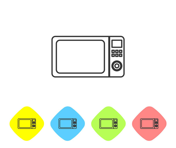 Grijze microgolfoven lijn icoon op witte achtergrond. Het pictogram huishoudelijke apparaten. Pictogram instellen in kleur Rhombus-knoppen. Vector illustratie - Vector, afbeelding