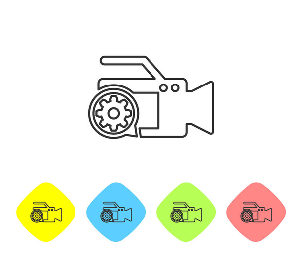 Caméra vidéo grise et icône de ligne d'engrenage sur fond blanc. Réglage app, concept de service, options de réglage, entretien, réparation, réparation. Définir l'icône dans les boutons couleur losange. Illustration vectorielle
 - Vecteur, image