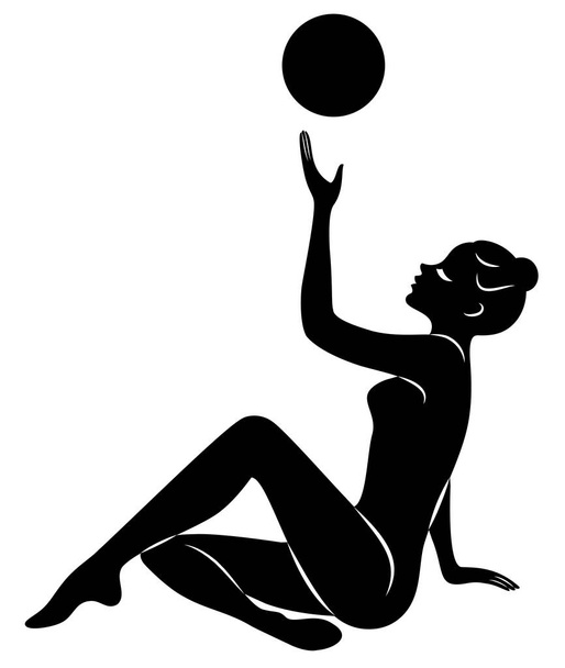 İnce bayanın silueti. Kız top oynuyor. Kadın jimnastikçi. Grafik görüntüsü. Vektör çizimi - Vektör, Görsel
