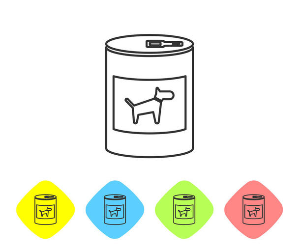 Сіра консервна їжа для значка собачої лінії ізольована на білому тлі. Їжа для тварин. Корм для собак для домашніх тварин. Встановити піктограму за допомогою кнопок кольорових ромбів. Векторна ілюстрація
 - Вектор, зображення