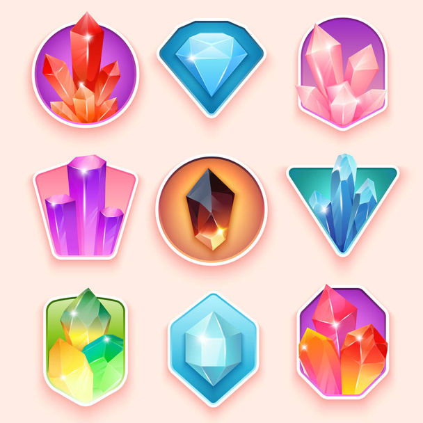 Colorful badges with crystals. Crystalline gemstone. Magic semi precious stones collection. Set of jewel or mineral stony crystallization of natural quartz - Vetor, Imagem
