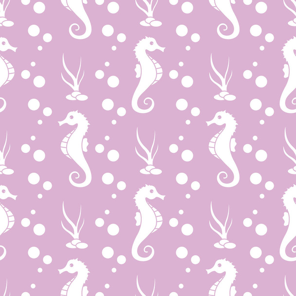 Vector seamless pattern with sea horses, plants - Vektori, kuva