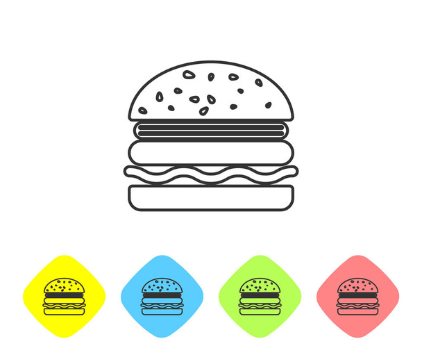 Icono de la línea Grey Burger aislado sobre fondo blanco. Icono de hamburguesa. Signo de sándwich de hamburguesa con queso. Establecer icono en los botones de rombo de color. Ilustración vectorial
 - Vector, Imagen