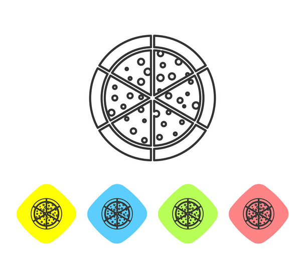Icono de línea de pizza gris aislado sobre fondo blanco. Establecer icono en los botones de rombo de color. Ilustración vectorial
 - Vector, imagen