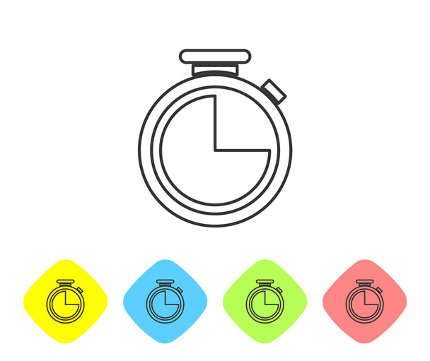 Ikona čáry šedé Stopwatch je izolovaná na bílém pozadí. Symbol časového časovače Nastavit ikonu v barevných tlačítkách Rhombus. Vektorová ilustrace - Vektor, obrázek