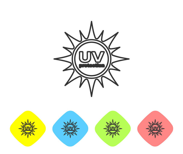 Icono de línea de protección UV gris aislado sobre fondo blanco. Radiación ultravioleta. Señal solar SPF. Establecer icono en los botones de rombo de color. Ilustración vectorial
 - Vector, imagen