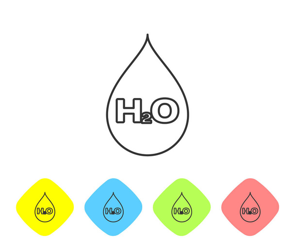 Šedé kapky vody se symbolem H2O, izolované na bílém pozadí. Vodní vzorec. Nastavit ikonu v barevných tlačítkách Rhombus. Vektorová ilustrace - Vektor, obrázek