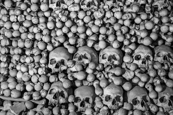 menschliche Schädel und Knochen. Gotisches Gewölbe. Massengrab. Textur. - Foto, Bild