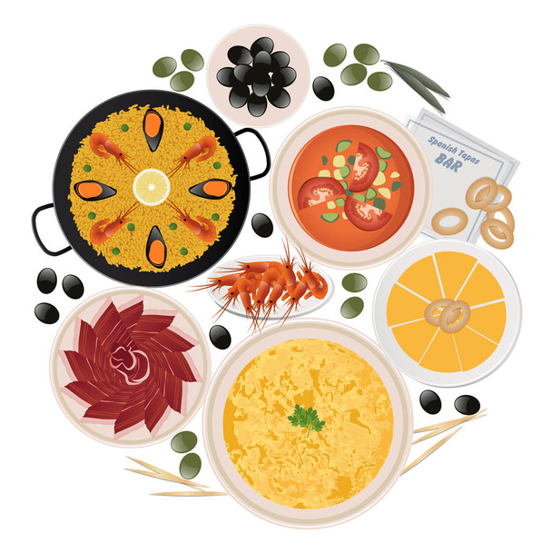 Kreis der typischen Tapas und Gerichte der spanischen Küche isoliert auf weißem Hintergrund. Paella, Kartoffelomelette, iberischer Schinken Oliven, Gazpacho, Käse, Garnelen - Vektor, Bild