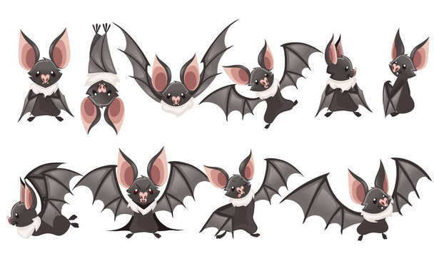 Ένα σετ καρτούν. Χαριτωμένο βαμπίρ νυχτερίδα, ιπτάμενο θηλαστικό. Επίπεδη εικόνα που απομονώνεται σε λευκό φόντο. Σχεδιασμός χαρακτήρων κινουμένων σχεδίων. Φτερούγα νυχτερίδας, κουνώντας το χέρι - Διάνυσμα, εικόνα