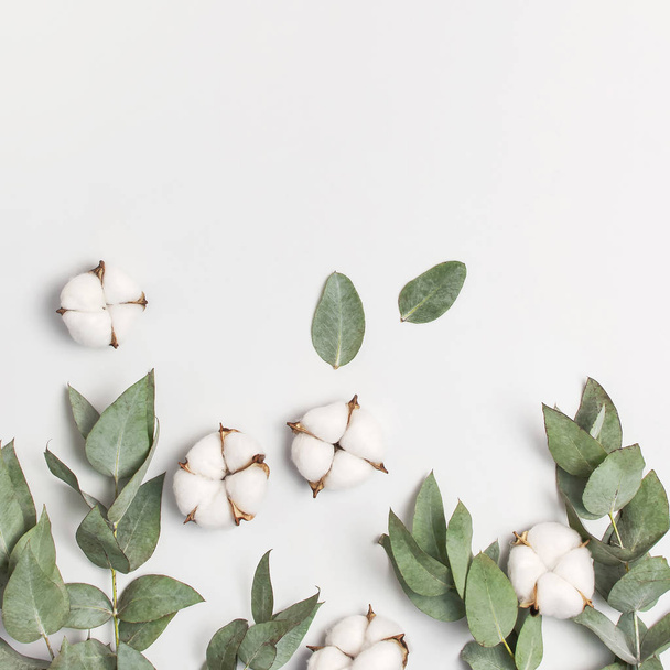 Flat lay flowers composition. Cotton flowers and fresh eucalyptus twigs on light gray background. Top view, copy space. Delicate white cotton flowers. Floral background, greeting card - Foto, immagini