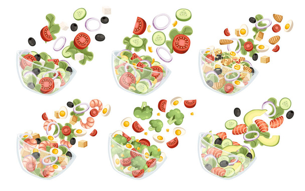 Készlet zöldség saláta különböző összetevőket. Saláta alá átlátszó tálba. Friss zöldség karikatúra ikon design élelmiszer. Lapos vektoros illusztráció izolált fehér háttér - Vektor, kép