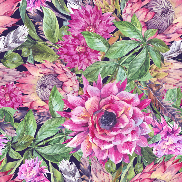 Tropical watercolor seamless pattern of protea and colorful flow - Photo, Image