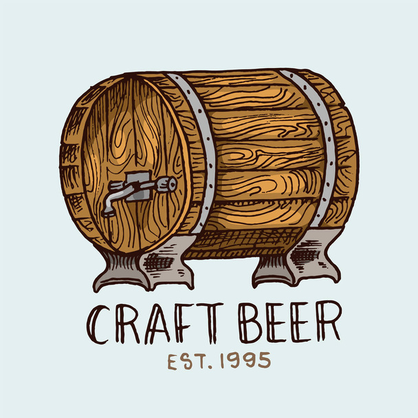 Beer Barrel in vintage style. Alcoholic Label with calligraphic elements. Classic American badge for poster banner. Cheers toast. Hand drawn engraved sketch lettering for web, pub menu. - Vector, Image