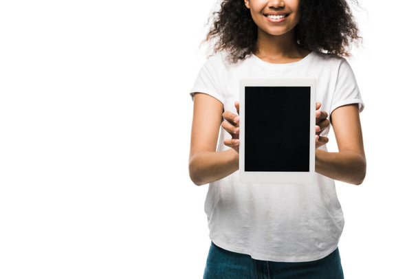 cropped view of cheerful african american girl holding digital tablet with blank screen isolated on white  - Fotografie, Obrázek