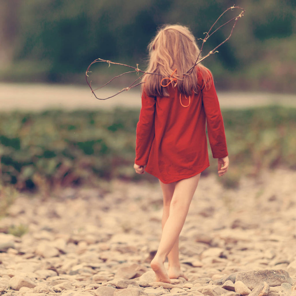 Peri, kuş veya melek - kanatları kayalar üzerinde yürüyen küçük kız - Fotoğraf, Görsel