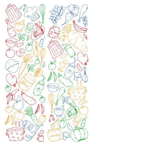 Gezond eten en koken. Fruit, groenten, huishouden. Doodle vector set. - Vector, afbeelding
