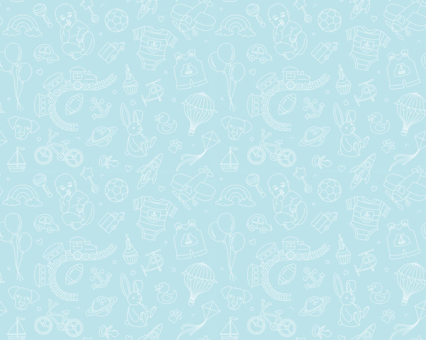Newborn boy baby shower seamless doodle line pattern birthday party. - Vector, Image