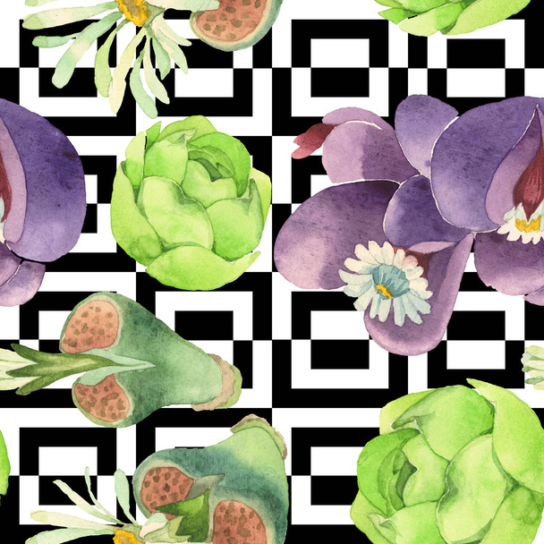 Succulent floral botanical flower. Wild spring leaf wildflower. Watercolor illustration set. Watercolour drawing fashion aquarelle. Seamless background pattern. Fabric wallpaper print texture. - Fotoğraf, Görsel