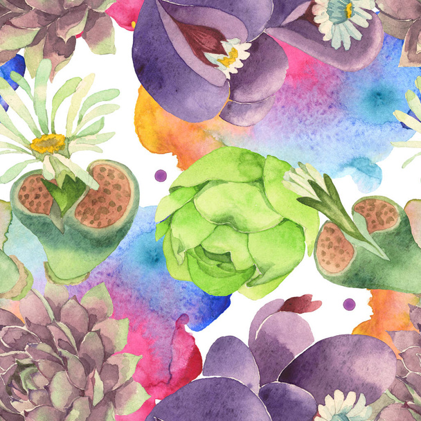 Succulent floral botanical flower. Wild spring leaf wildflower. Watercolor illustration set. Watercolour drawing fashion aquarelle. Seamless background pattern. Fabric wallpaper print texture. - 写真・画像