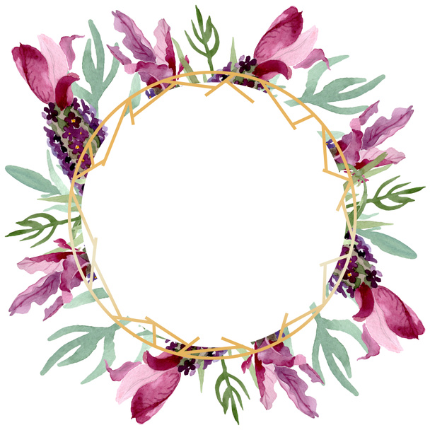 Purple lavender floral botanical flowers. Watercolor background illustration set. Frame border ornament square. - Фото, изображение