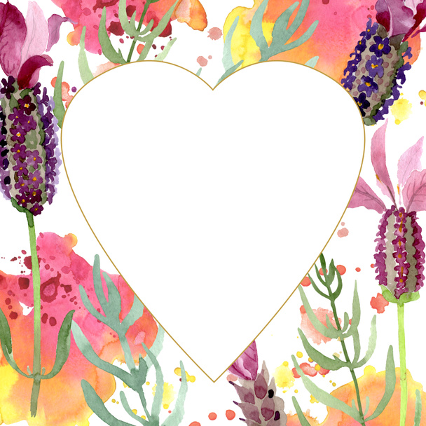 lila Lavendel blühende botanische Blumen. Aquarell Hintergrundillustration Set. Rahmen Rand Ornament Quadrat. - Foto, Bild