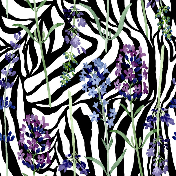 Violeta lavanda floral flor botânica. Conjunto de ilustração de fundo aquarela. Padrão de fundo sem costura
. - Foto, Imagem