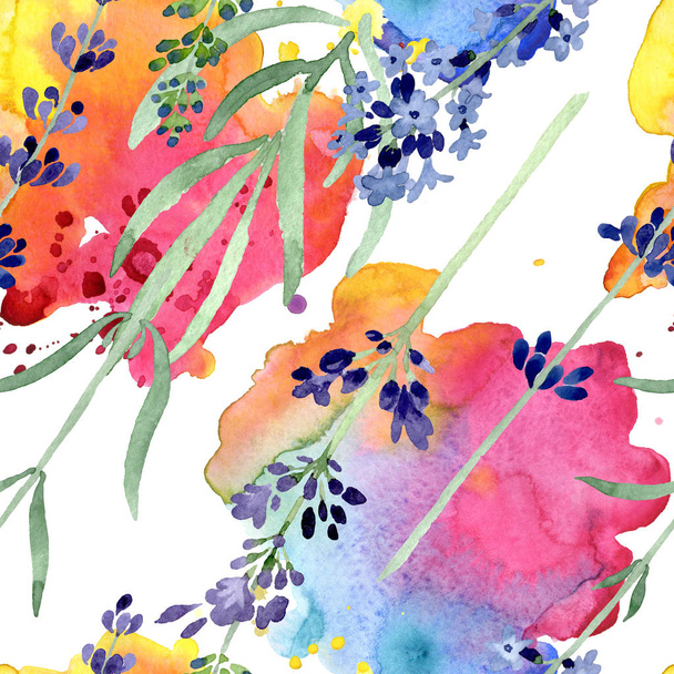Βιολετί Λεβάντα λουλουδιών βοτανικό λουλούδι. Σύνολο εικονογράφησης φόντου. Ομαλή μοτίβο φόντου. - Φωτογραφία, εικόνα