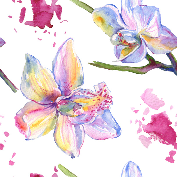 Orchid floral botanical flowers. Watercolor background illustration set. Seamless background pattern. - Foto, imagen