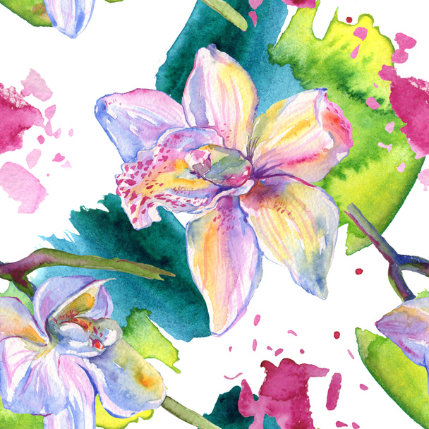Orchid floral botanical flowers. Watercolor background illustration set. Seamless background pattern. - Valokuva, kuva