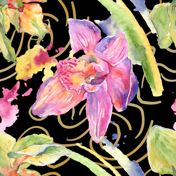 Flores botânicas florais de orquídea. Conjunto de ilustração de fundo aquarela. Padrão de fundo sem costura
. - Foto, Imagem
