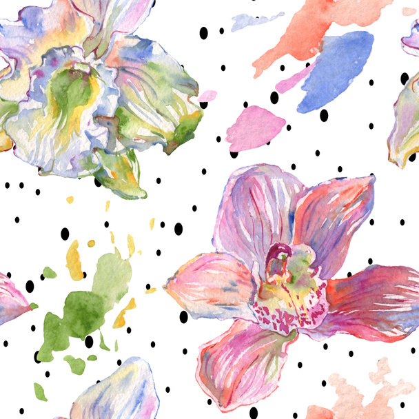 Orchid floral botanical flowers. Watercolor background illustration set. Seamless background pattern. - Photo, Image