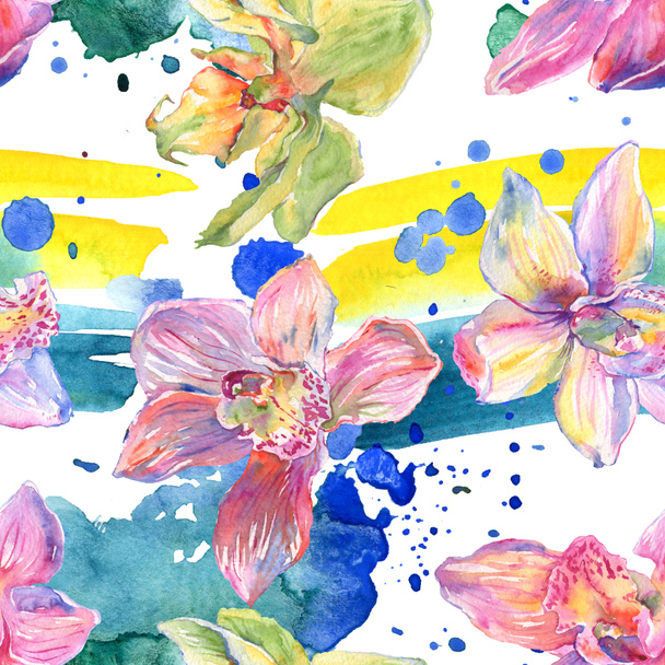 蘭の花の植物の花。●水彩背景イラストセット。シームレスな背景パターン. - 写真・画像