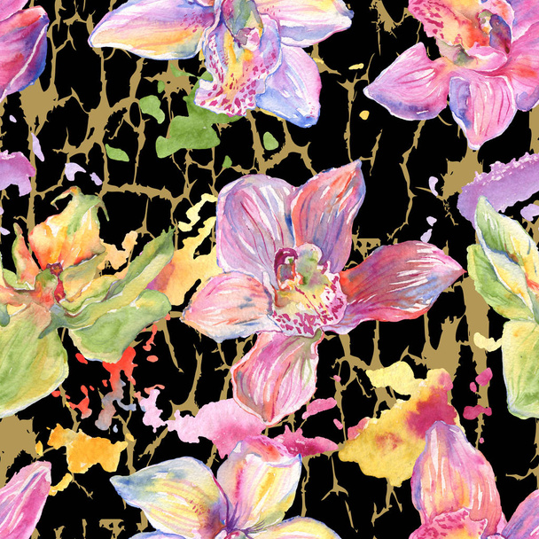 Orchid floral botanical flowers. Watercolor background illustration set. Seamless background pattern. - Fotó, kép