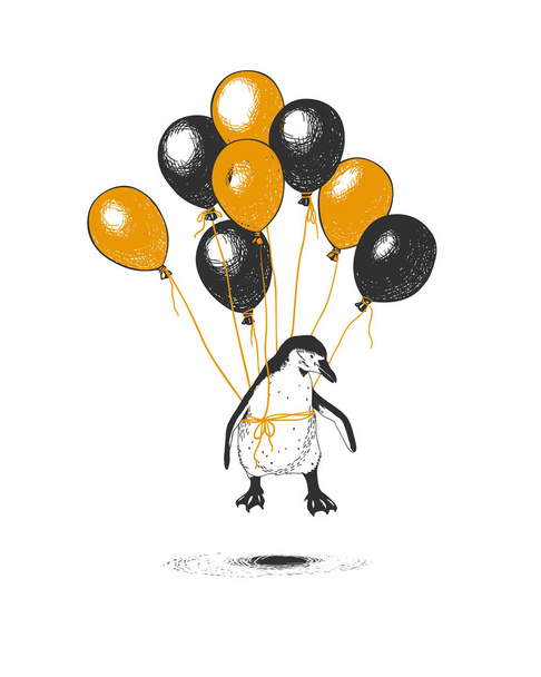 Pinguim voando em balões. Ilustração vetorial
 - Vetor, Imagem