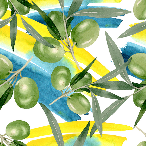 Olive branch with black and green fruit. Watercolor background illustration set. Seamless background pattern. - Foto, imagen