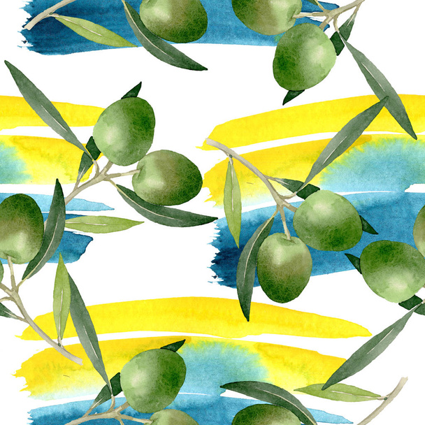 Gałązka oliwna z czarnym i zielonym owocem. Akwarela zestaw ilustracji tła. Płynny wzór tła. - Zdjęcie, obraz